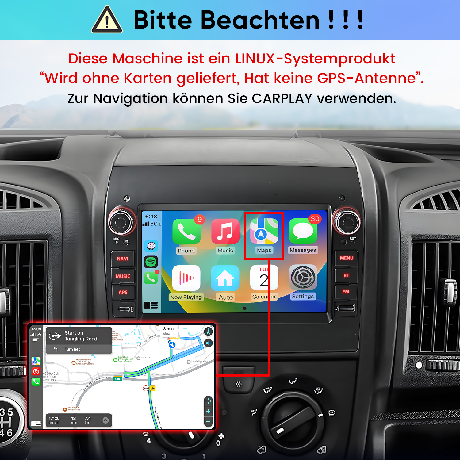 Ein Carplay-Display in einem Auto zeigt ein App-Menü und eine Navigation an, umgeben von deutschem Warntext.