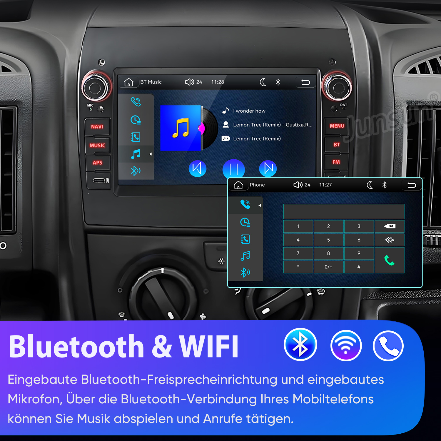 Autoradio mit Touchscreen in einer Armaturentafel, zeigt Musikwiedergabe und ein Tastenfeld für Anrufe.