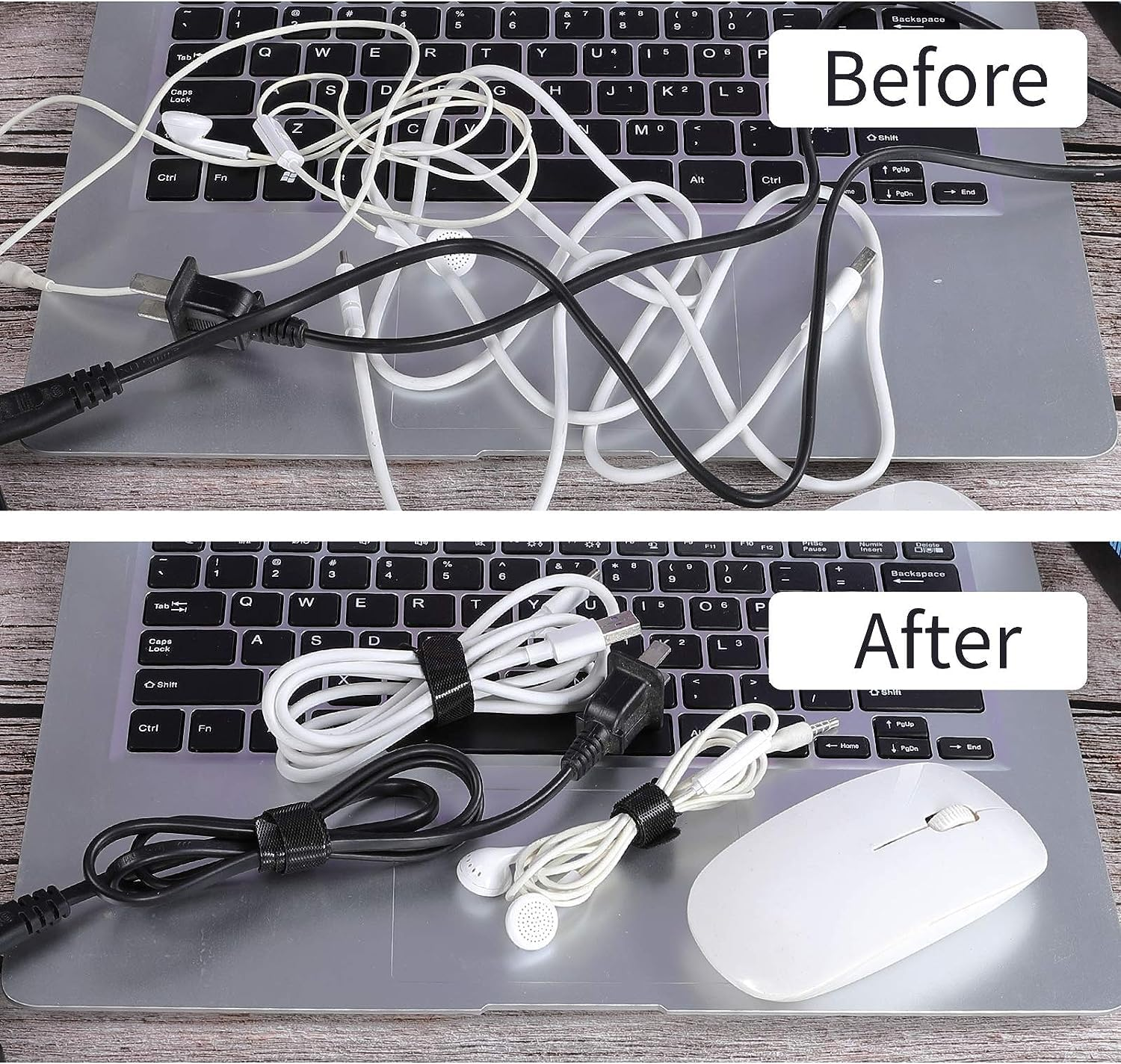 Vorher-Nachher-Vergleich: verhedderte Kabel auf einer Tastatur im Vergleich zu ordentlich gebündelten Kabeln.