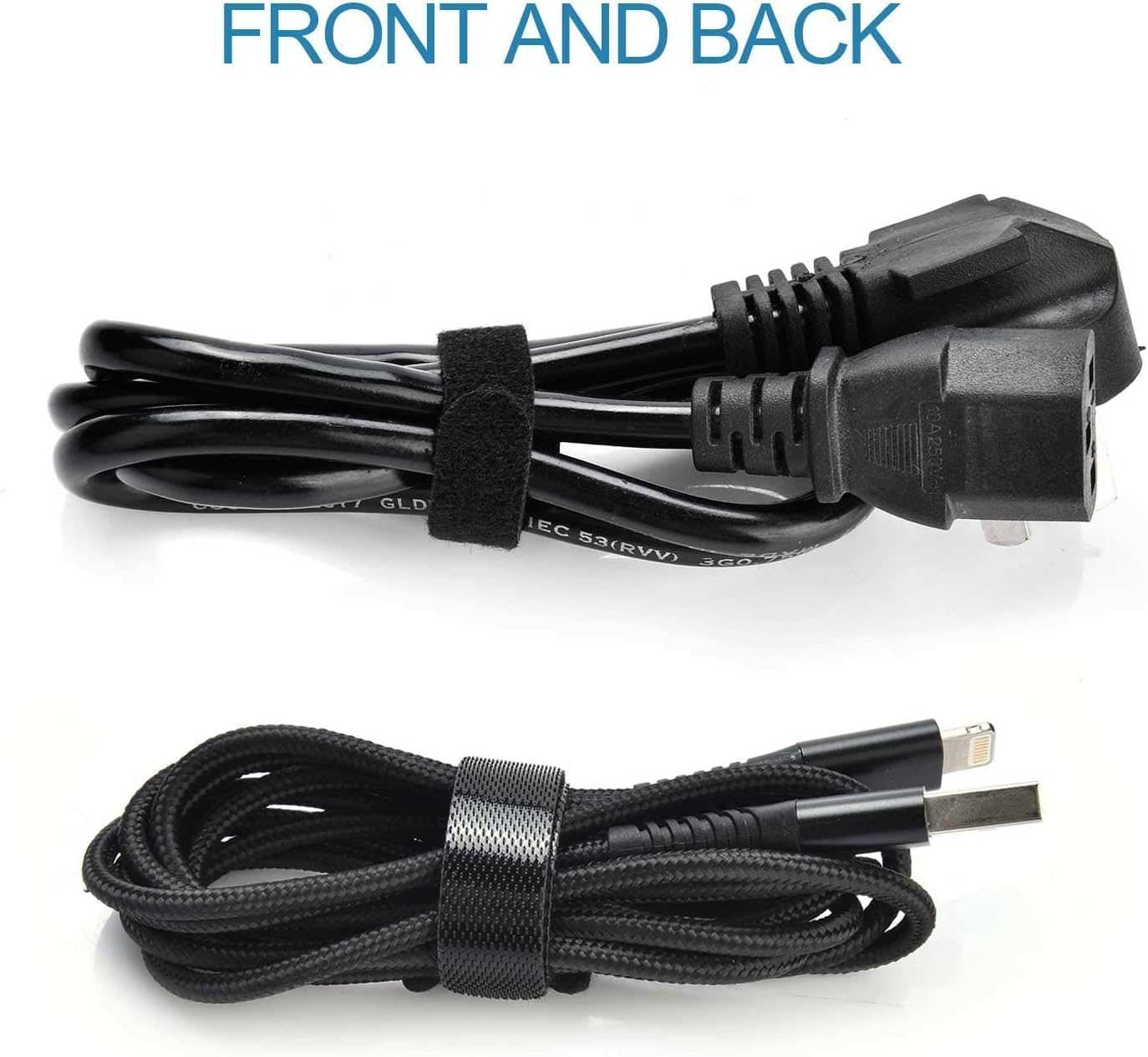 Zwei zusammengerollte schwarze Kabel, ein Netzkabel und ein USB-Kabel, mit Klettbändern auf weißem Hintergrund.