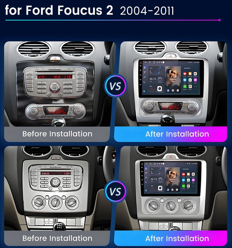 Vergleich von Ford Focus 2 Armaturenbrettern vor und nach der Installation eines neuen Multimediasystems.