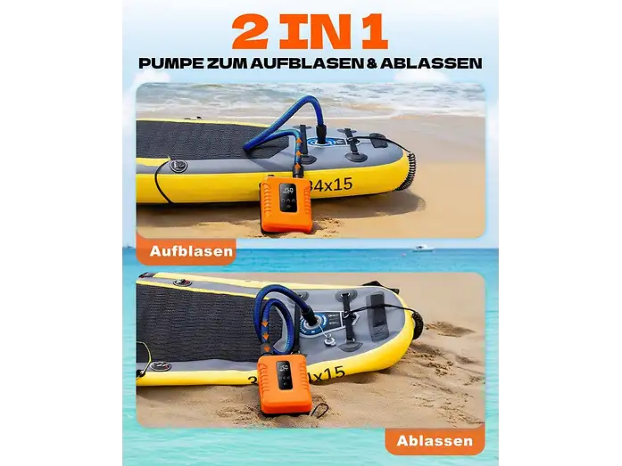 Eine orangefarbene elektrische Pumpe bläst ein SUP auf einer Strandkulisse auf und ab.