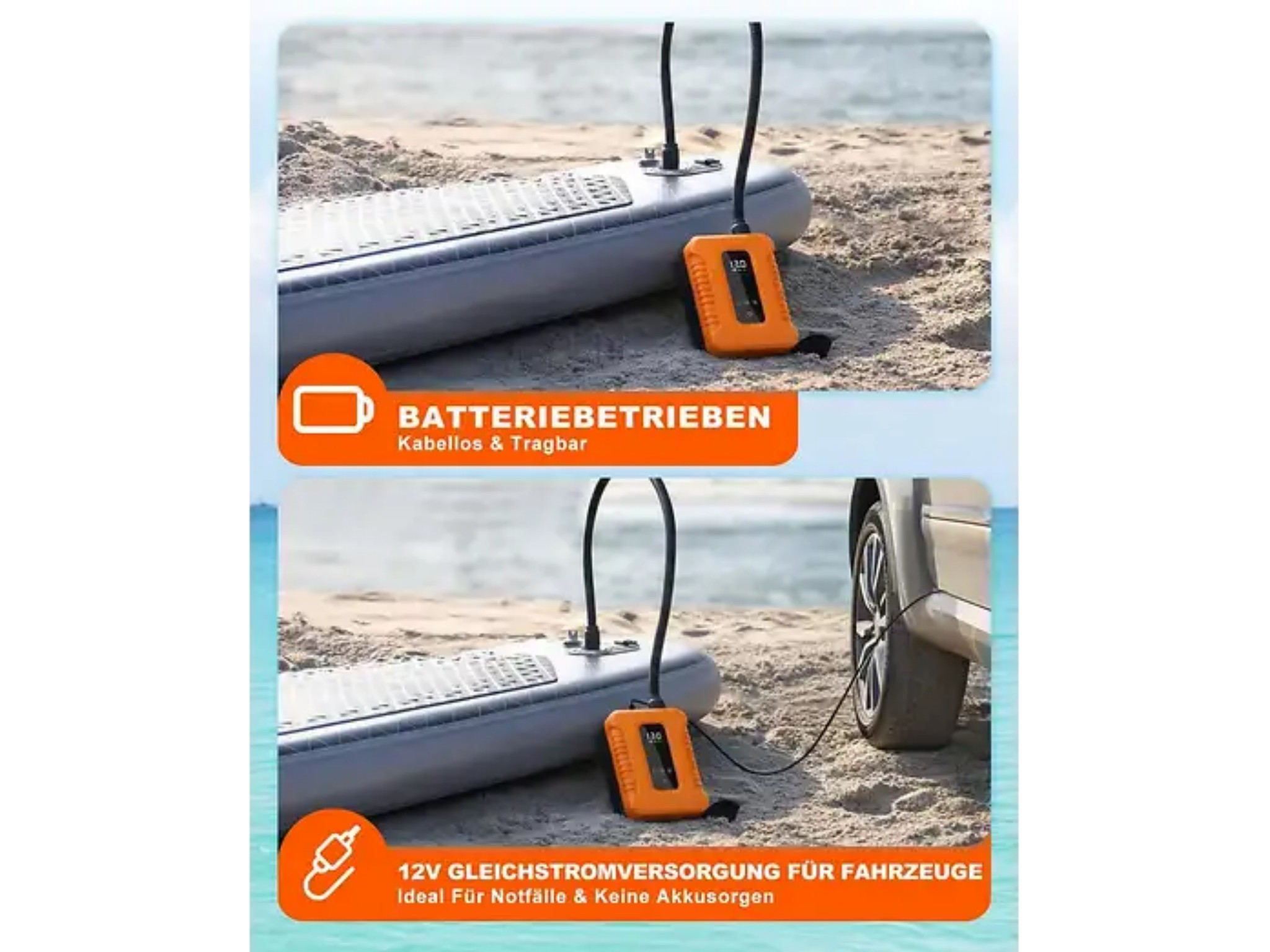 Eine orangene elektrische Pumpe mit Schlauch füllt ein SUP-Board am Strand, akkubetrieben und per Autostecker.