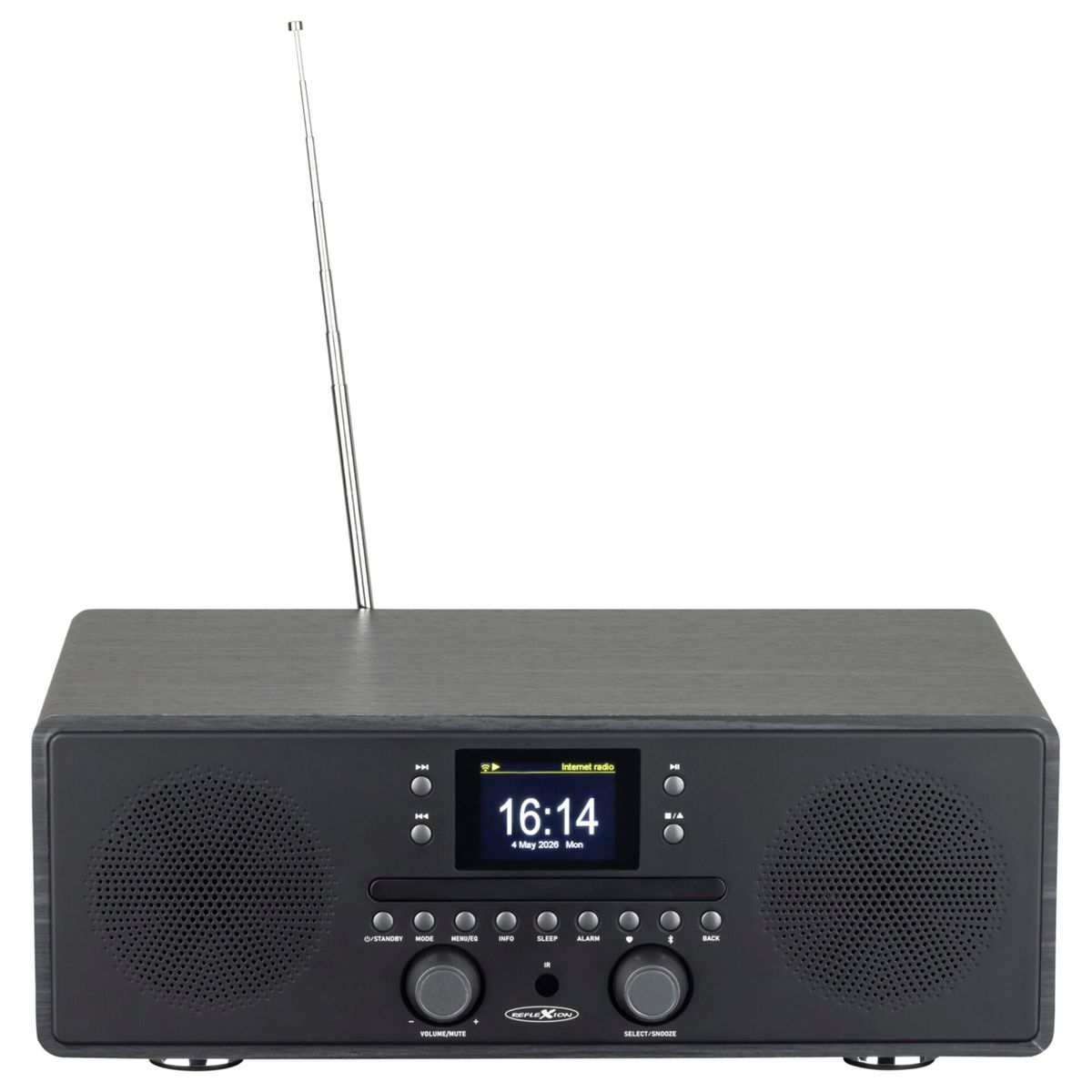 Ein graues Internetradio mit langer Teleskopantenne, zwei Lautsprechern und einem zentralen Display.
