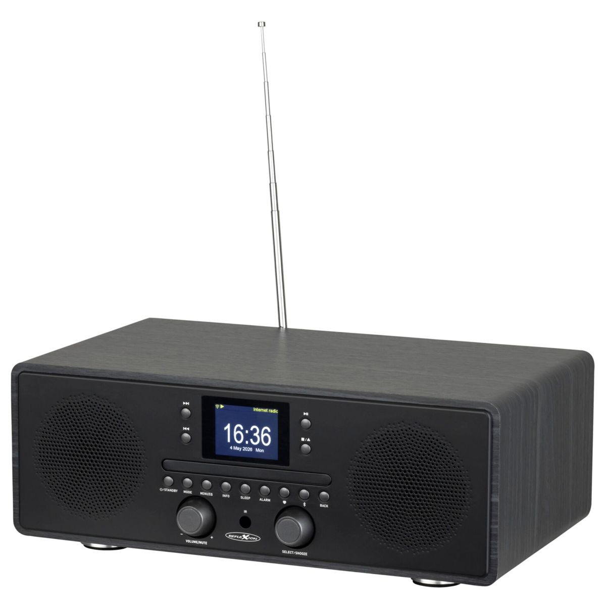 Ein schwarzes Internetradio mit zwei Lautsprechern, Digitaldisplay, Bedienelementen und einer vertikalen Antenne.