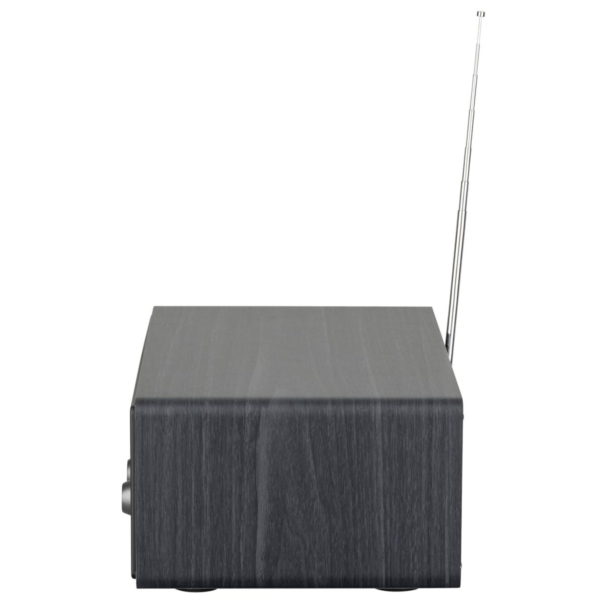 Ein hölzernes Radio in dunkler Holzoptik mit ausgefahrener Antenne auf weißem Hintergrund.