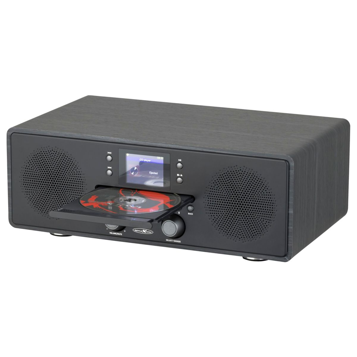 Ein graues Holzradio mit zwei Lautsprechern, Display und geöffnetem CD-Fach auf weißem Hintergrund.