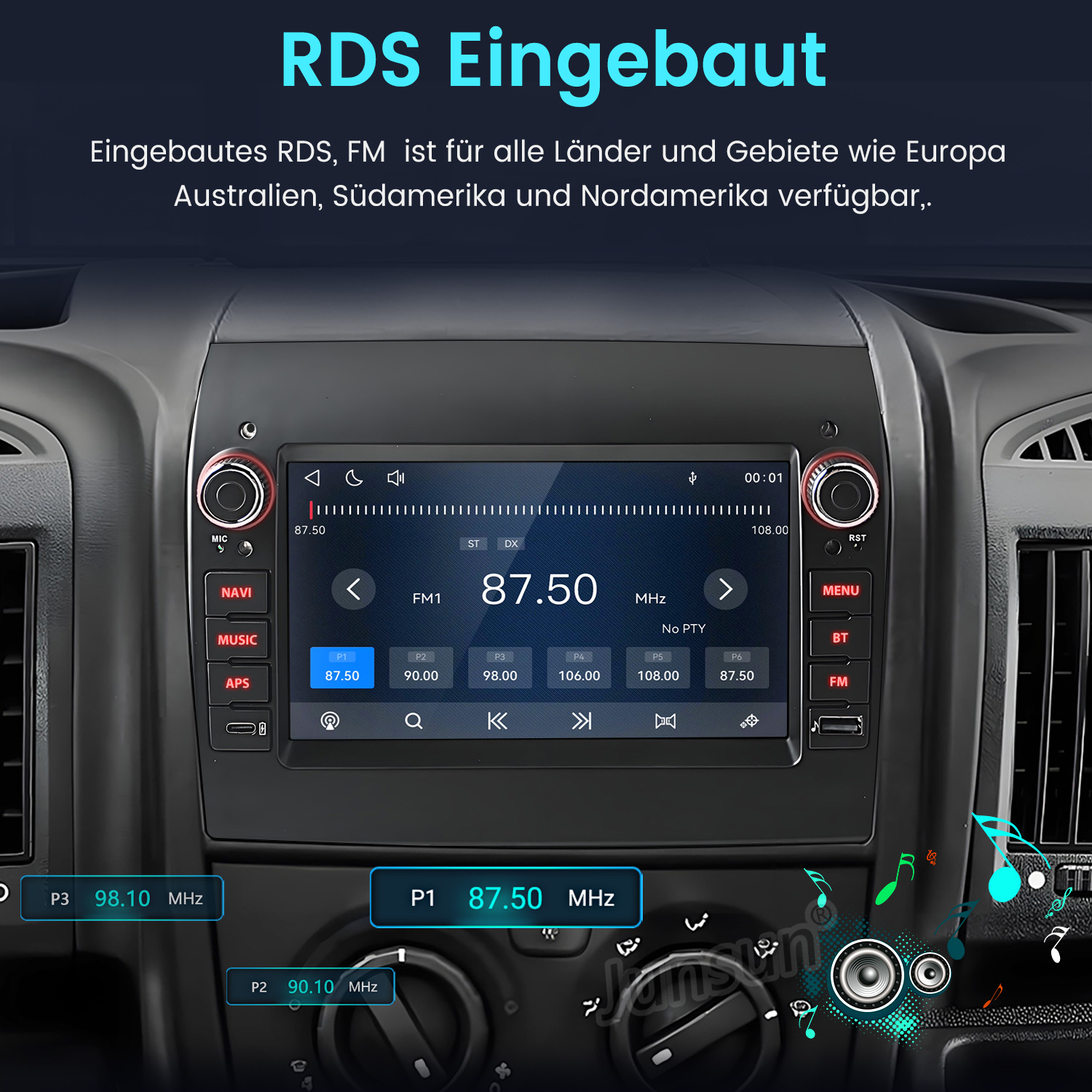 Autoradio mit Touchscreen und RDS-Funktion in einem Armaturenbrett.