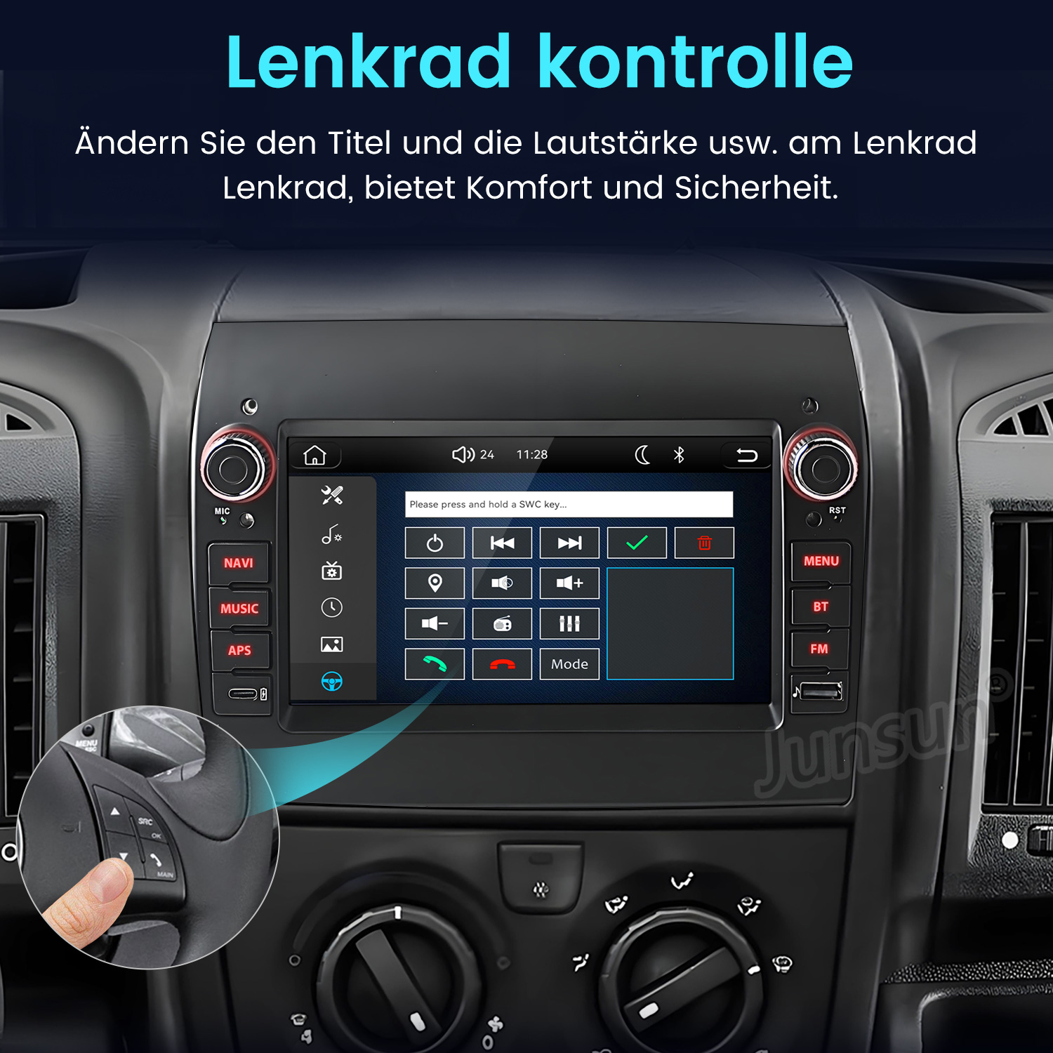 Ein Car-Audio-System im Auto mit Touchscreen, Tasten und einem Zoom auf die Lenkradsteuerung.