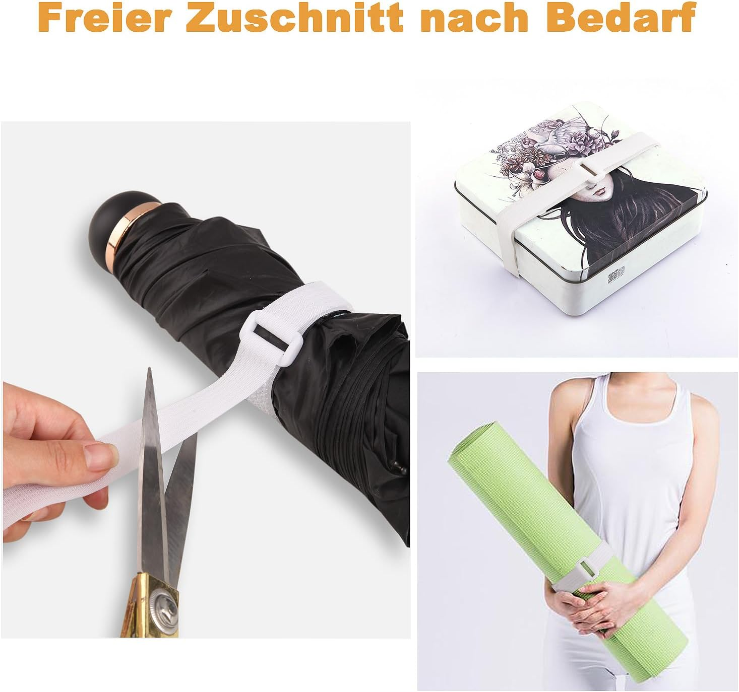 Ein weißer elastischer Gurt wird um einen Regenschirm, eine Box und eine Yogamatte gelegt.