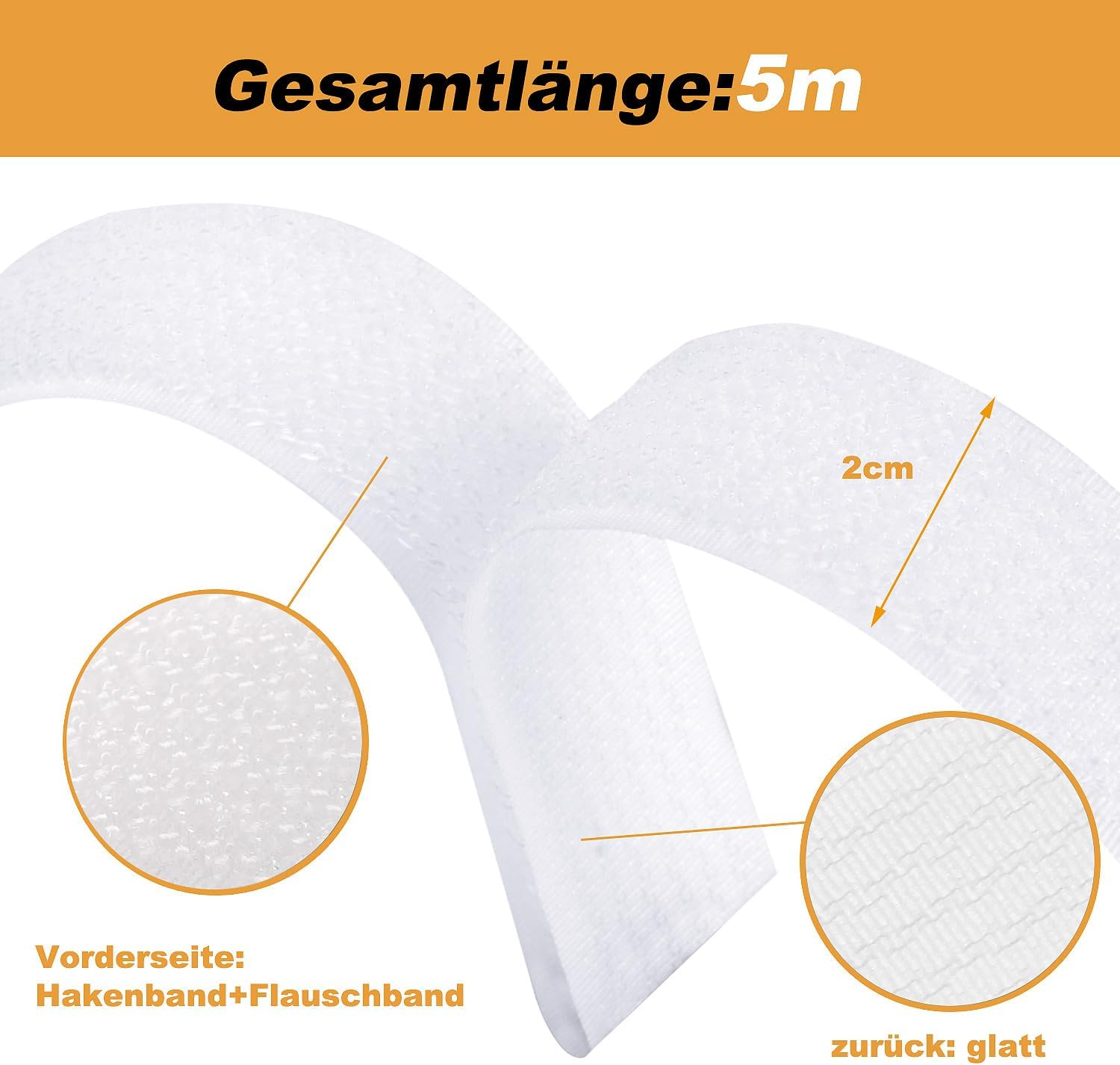 Weißes Klettband, 5m lang und 2cm breit, mit Haken- und Flauschseite sowie glatter Rückseite.