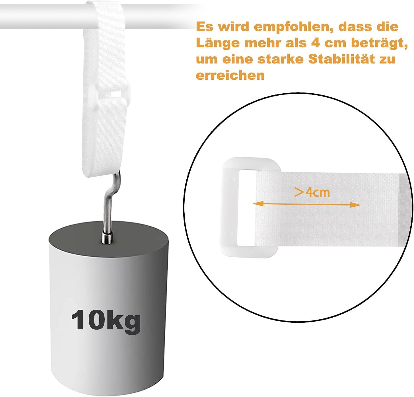 Ein 10 kg Gewicht hängt an einem Gurt, mit Detailansicht der empfohlenen Länge von über 4 cm für Stabilität.