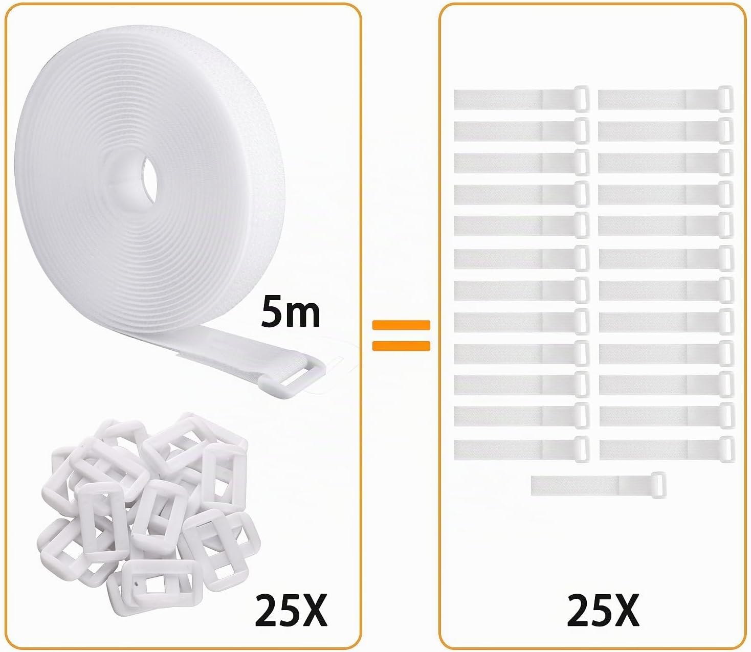 Eine weiße Klettbandrolle (5m) und 25 Schnallen entsprechen 25 einzelnen Klettbändern.