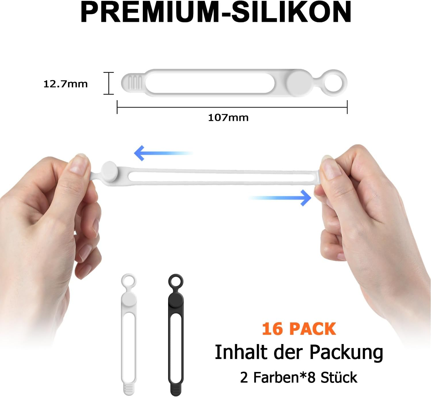 Hände strecken ein weißes Silikonband, Maße 12,7mm x 107mm, 16er-Pack in zwei Farben.