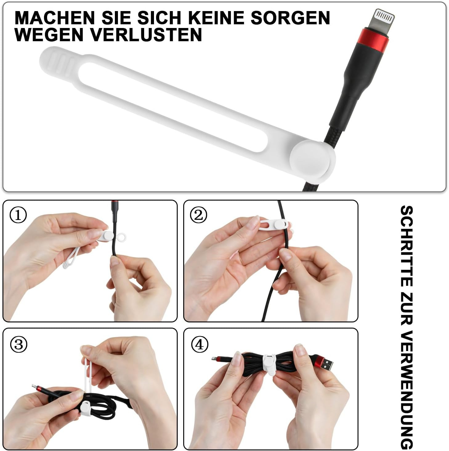 Anleitung zur Verwendung eines weißen Silikon-Kabelbinders mit einem schwarzen Ladekabel in vier Schritten.