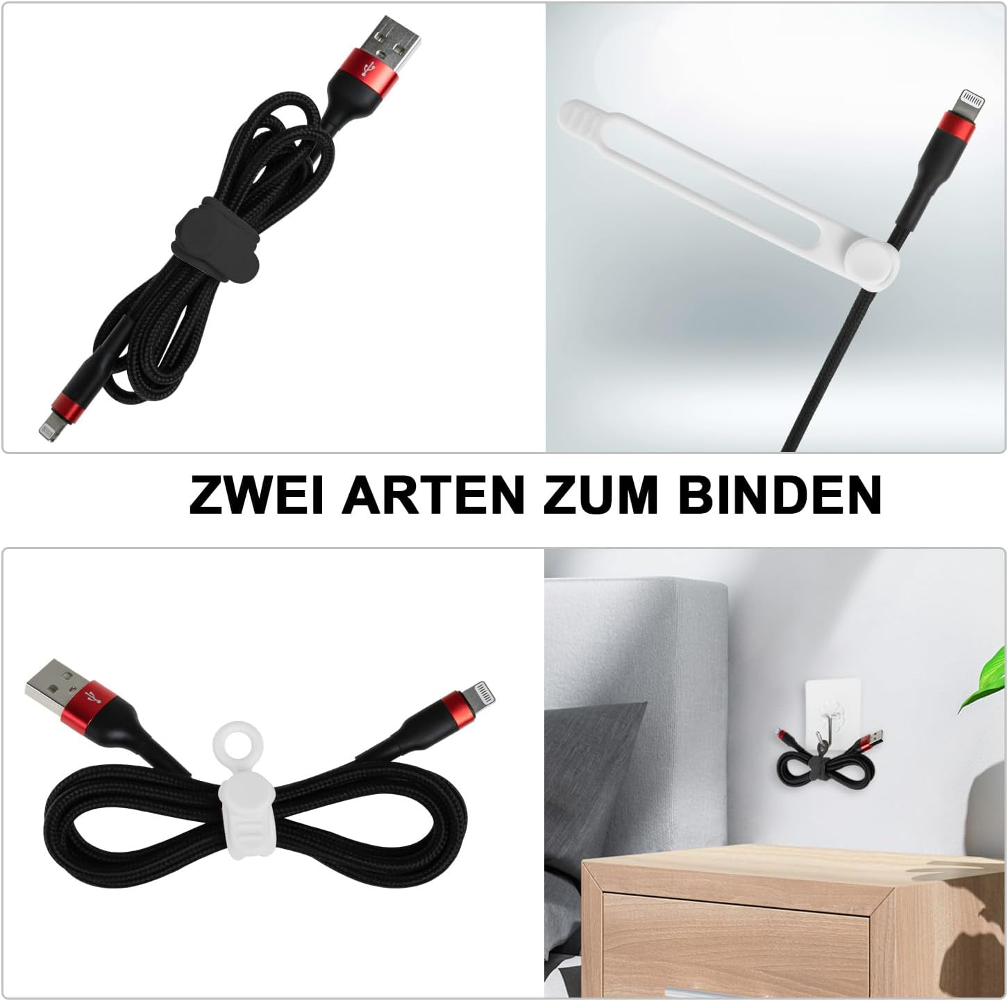 Vier Bilder zeigen Nutzungsmöglichkeiten eines USB-Kabels mit weißem Silikonbinder vor grauem Hintergrund.