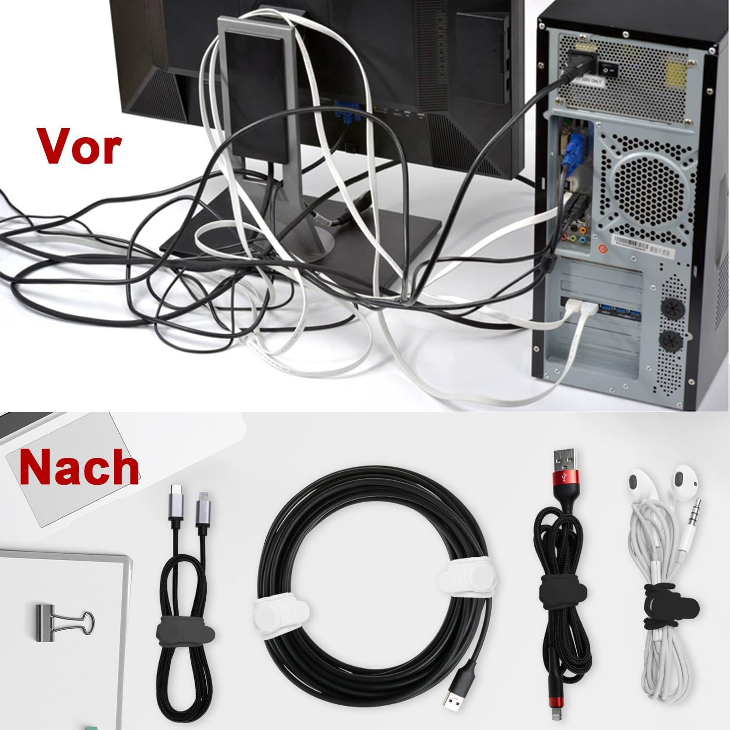 Vergleichsbilder: Chaos mit Kabelsalat vor dem Ordnen und ordentlich aufgerollte Kabel mit Clips danach.