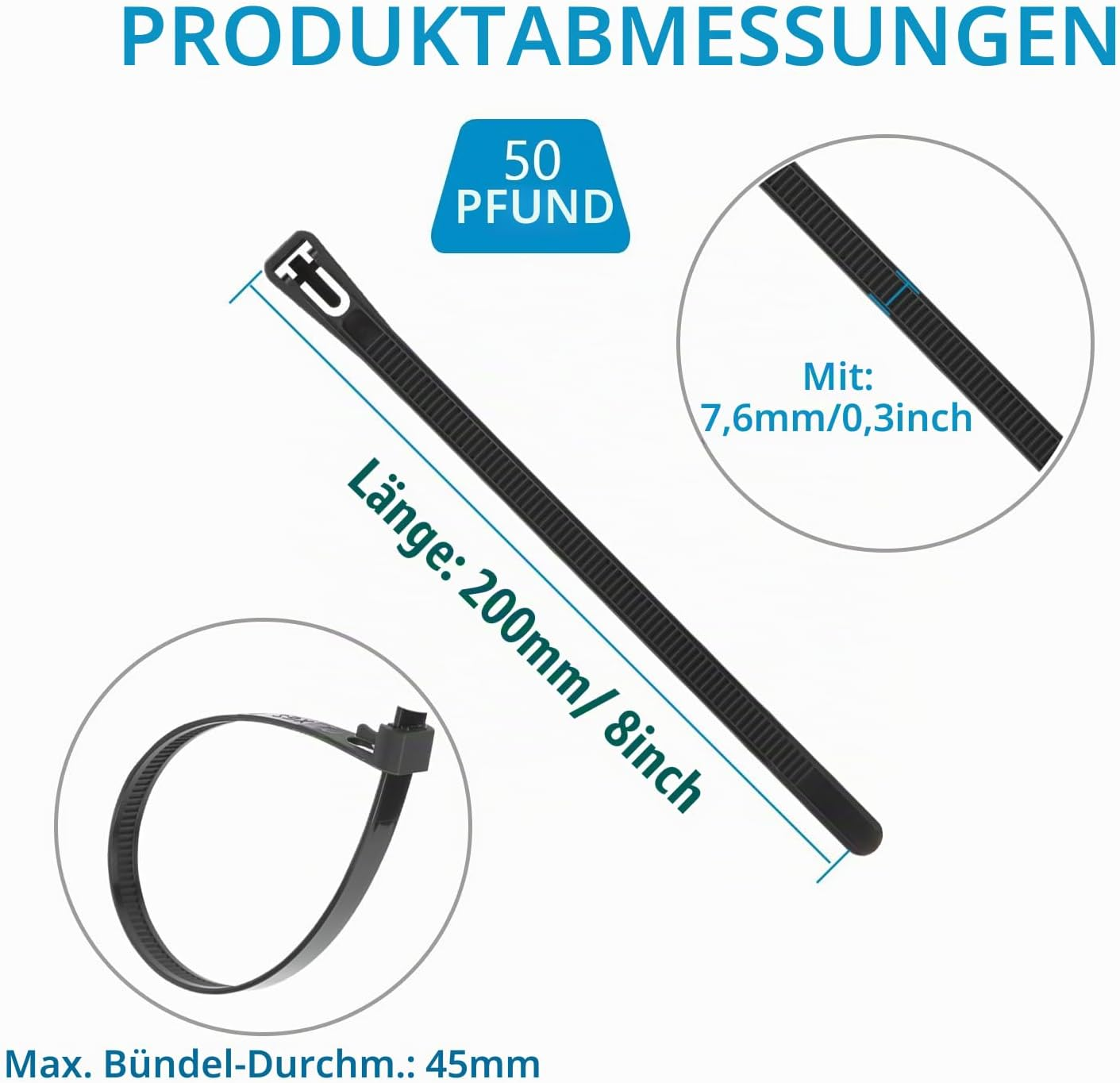 Technische Zeichnung von schwarzen Kabelbindern mit Maßen von 200mm Länge, 7,6mm Breite und 45mm Bündeldurchmesser.