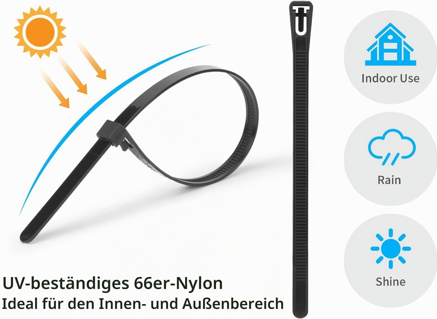 Schwarze UV-beständige Nylon-Kabelbinder für den Innen- und Außenbereich, wetterfest gegen Regen und Sonne.
