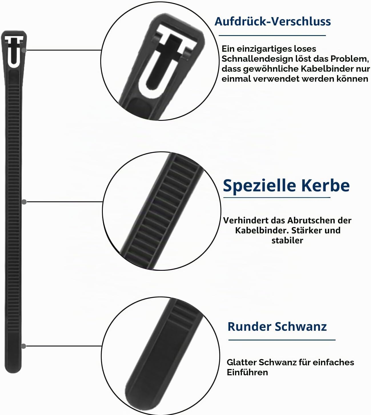 Infografik zeigt Merkmale eines schwarzen wiederverwendbaren Kabelbinders mit Verschluss, Kerben und rundem Ende.