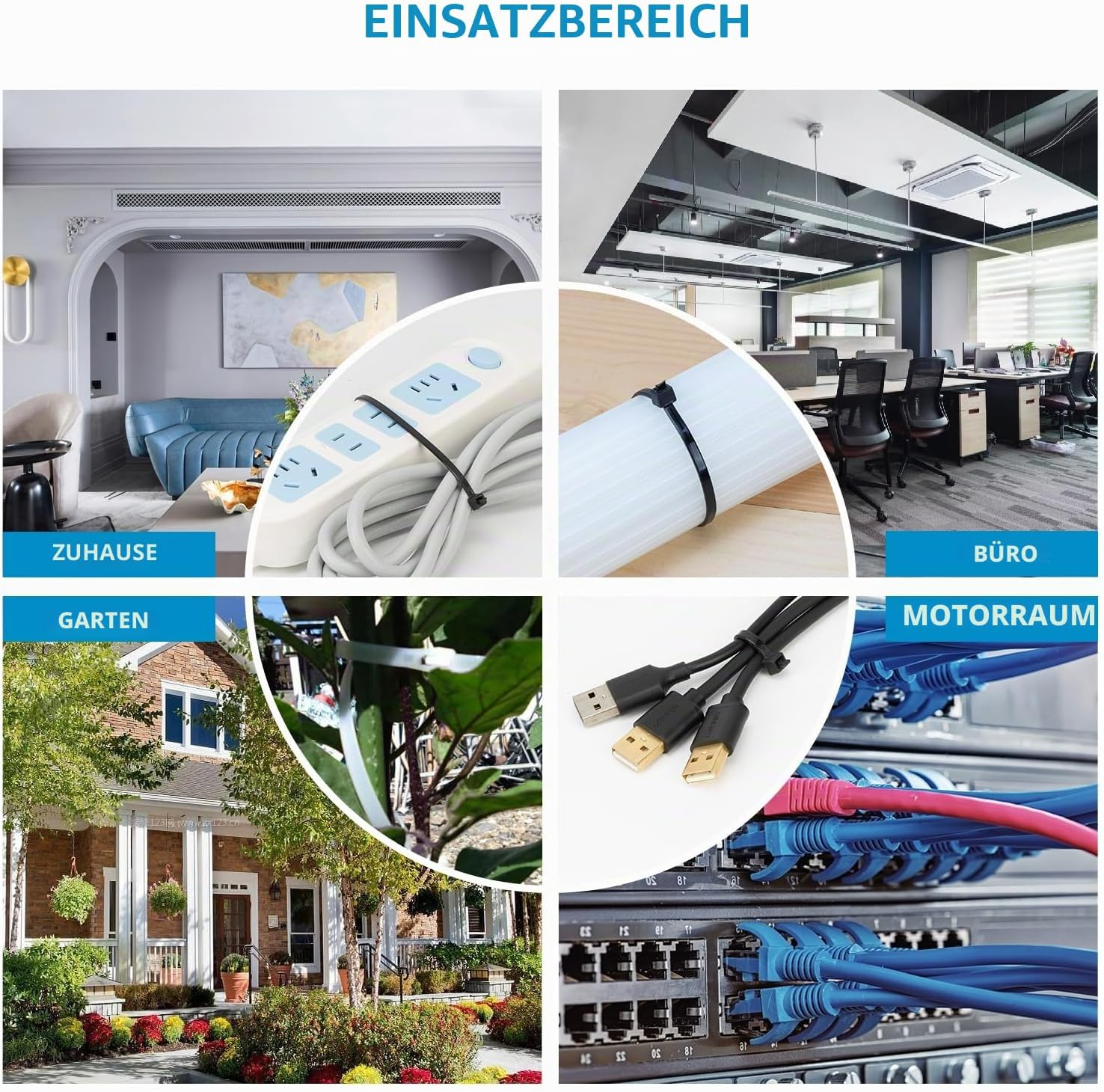 Collage zeigt Kabelbinder in verschiedenen Bereichen wie Zuhause, Büro, Garten und Motorraum.