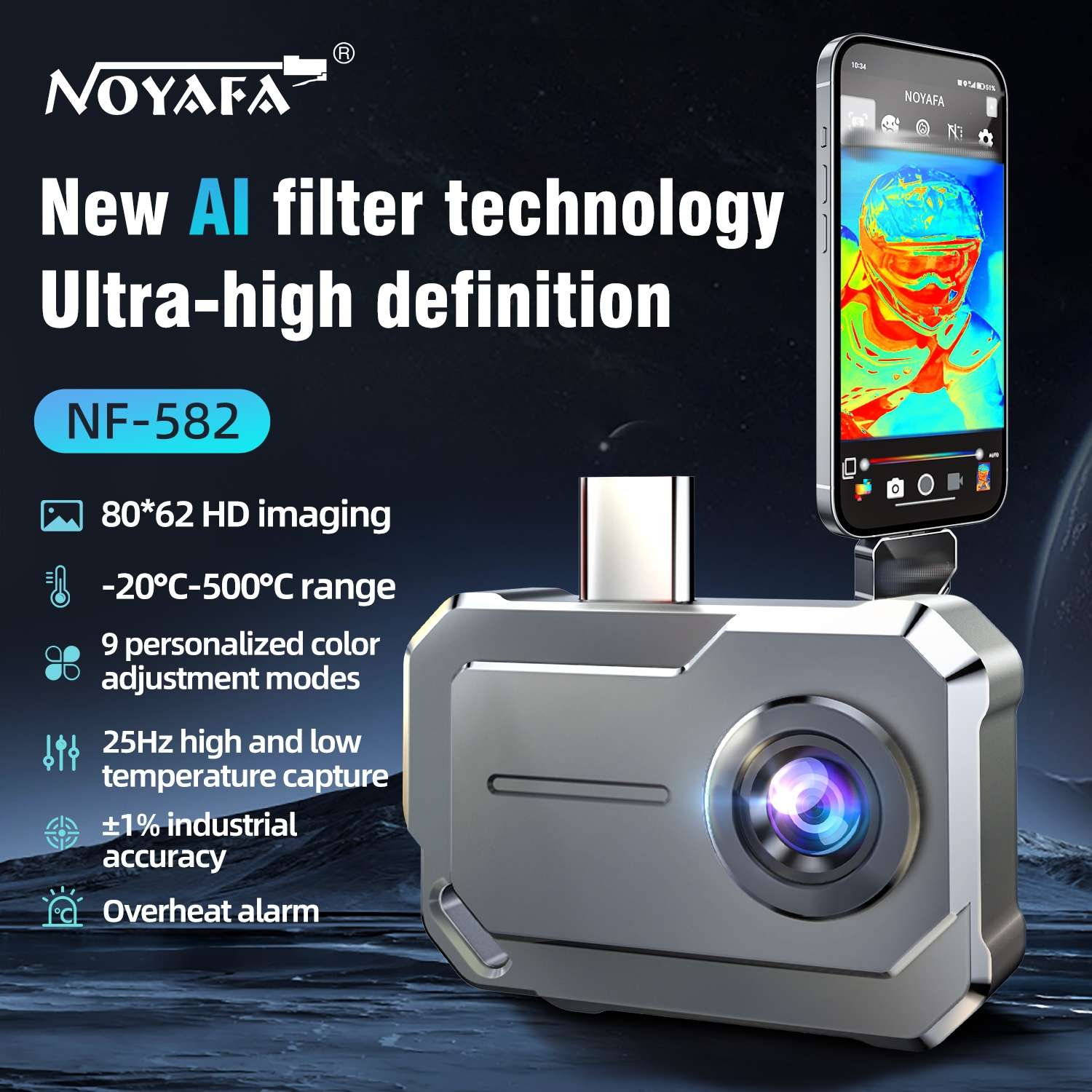 Noyafa NF-582 Wärmebildkamera mit Smartphone-Halterung und Texten zu den technischen Merkmalen vor dunklem Hintergrund.