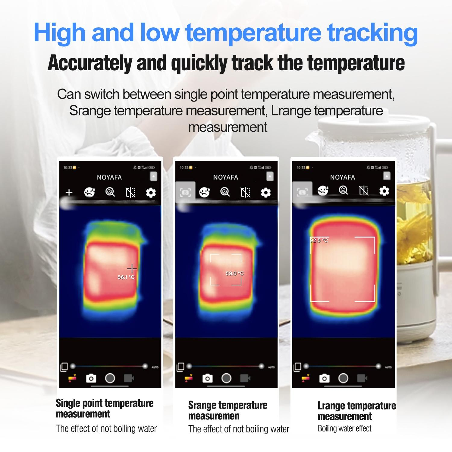 Drei Smartphones zeigen Wärmebildmessungen an einem Gefäß mit kochendem Wasser.