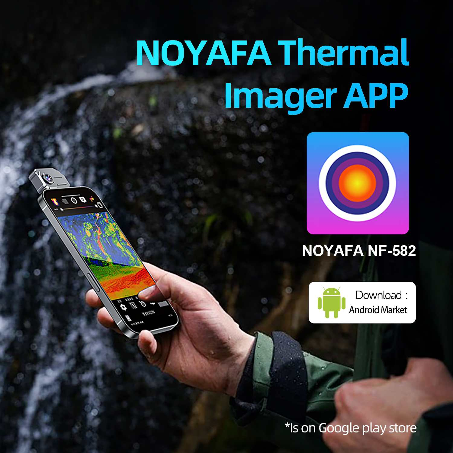 Hand hält Smartphone mit thermischer Bild-App und Wasserfall im Hintergrund.