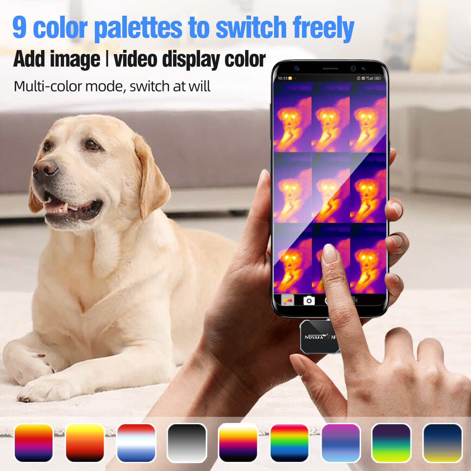Hand hält ein Smartphone, das ein Wärmebild eines Hundes mit neun Farbpaletten anzeigt.