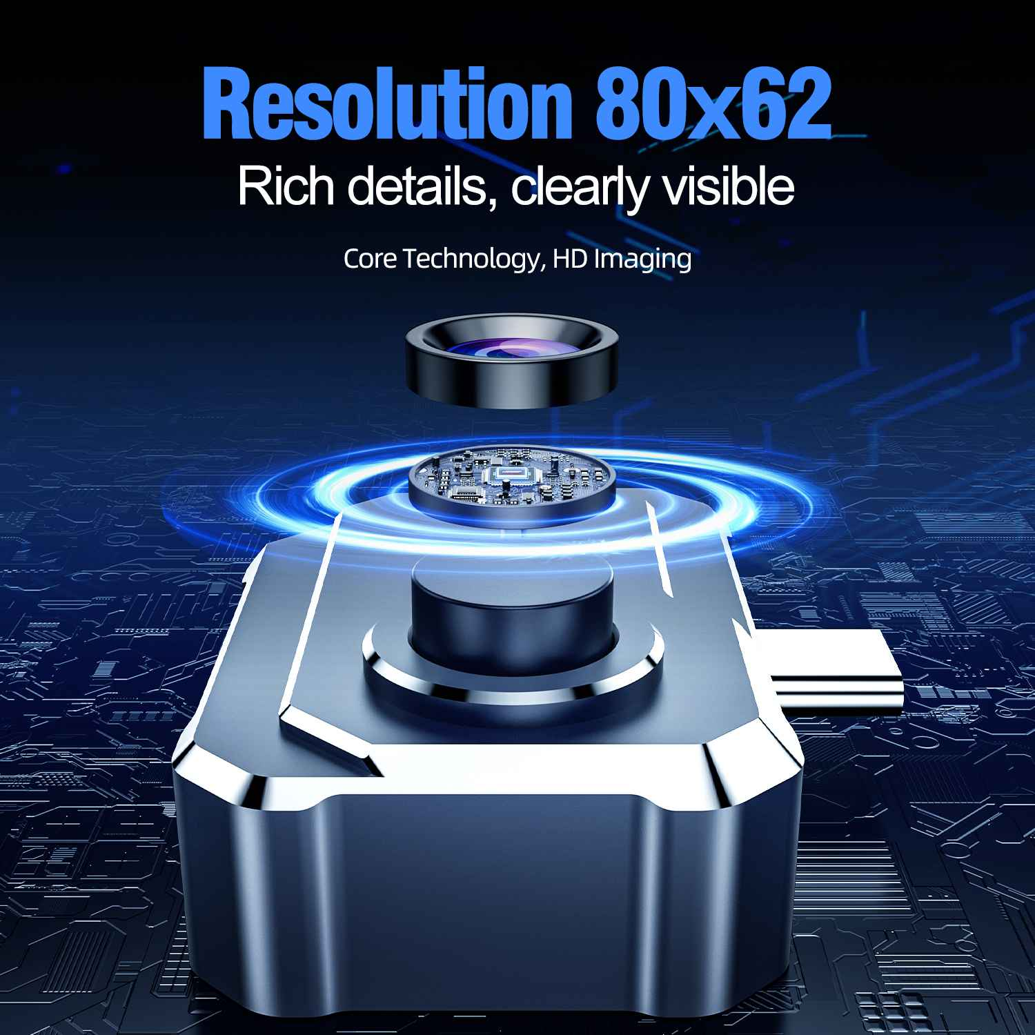 Technisches Diagramm zeigt Kameraauflösung von 80x62 mit HD-Bildgebung über Leiterplatten-Hintergrund.