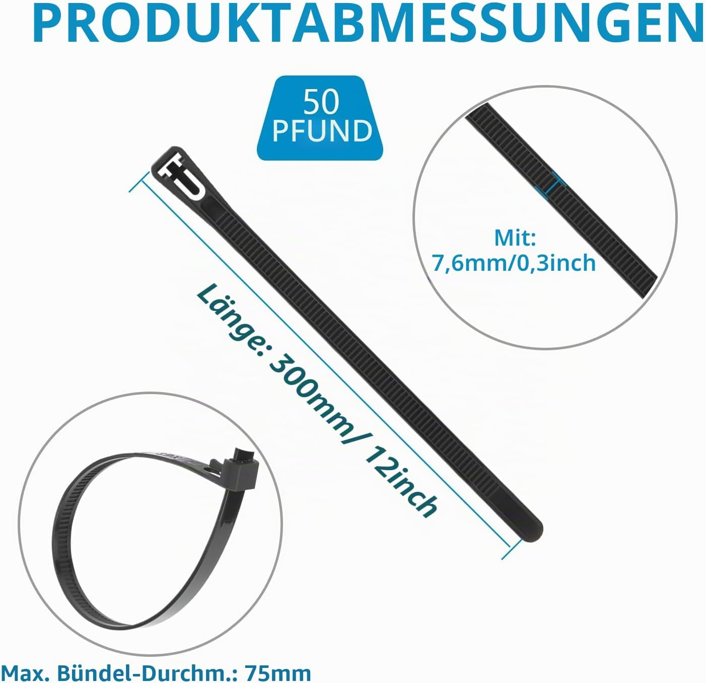 Technische Zeichnung von Kabelbindern mit Maßen von 300 mm Länge und 7,6 mm Breite.