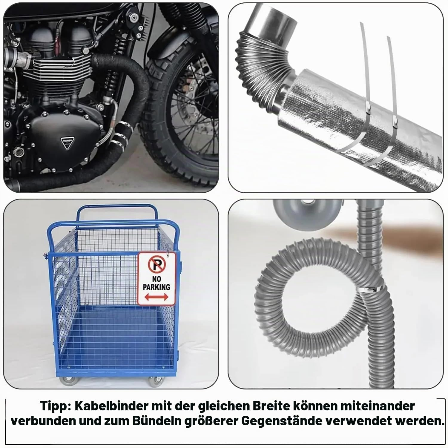 Vier Bilder: Motorradmotor, Metallrohr mit Isolierung, blauer Gitterwagen und flexibler Plastikschlauch.