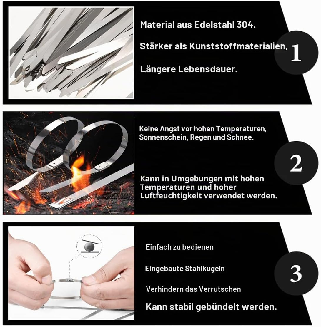 Drei Produktbilder zeigen Edelstahl-Kabelbinder mit ihren Eigenschaften, Hitzebeständigkeit und einfacher Handhabung.