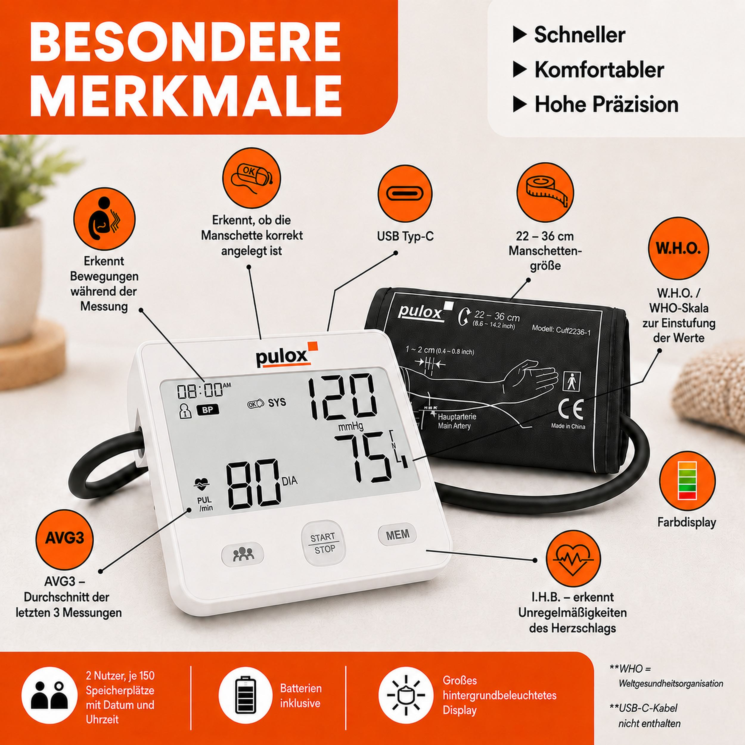 Pulox Blutdruckmessgerät mit digitalem Display und Manschette, umgeben von erklärenden Icons auf orangefarbenem Grund.