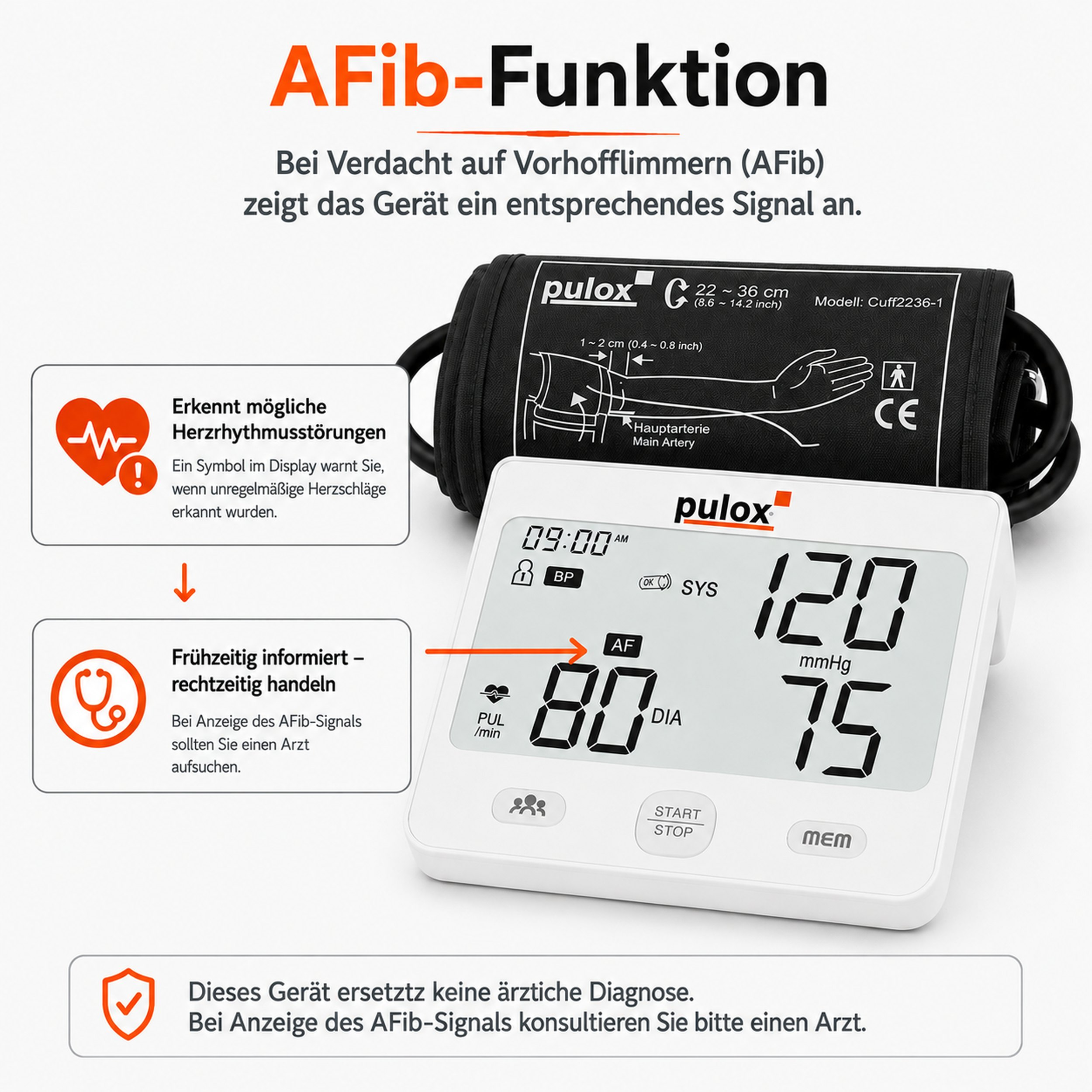 Pulox Blutdruckmessgerät mit AFib-Funktion zur Erkennung von Herzrhythmusstörungen, inklusive Manschette.