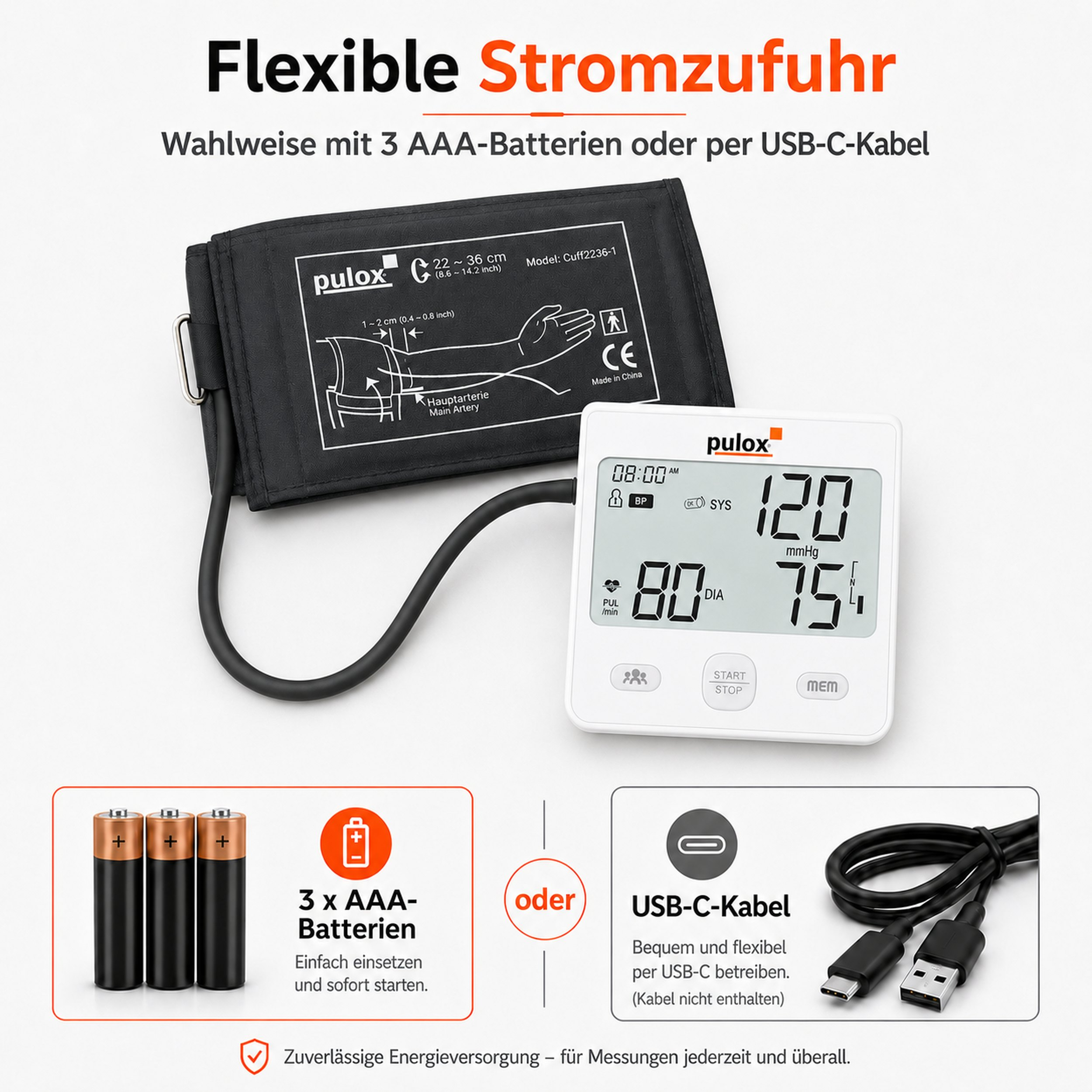 Ein Pulox-Blutdruckmessgerät mit Manschette zeigt Optionen für AAA-Batterien oder USB-C-Kabel.