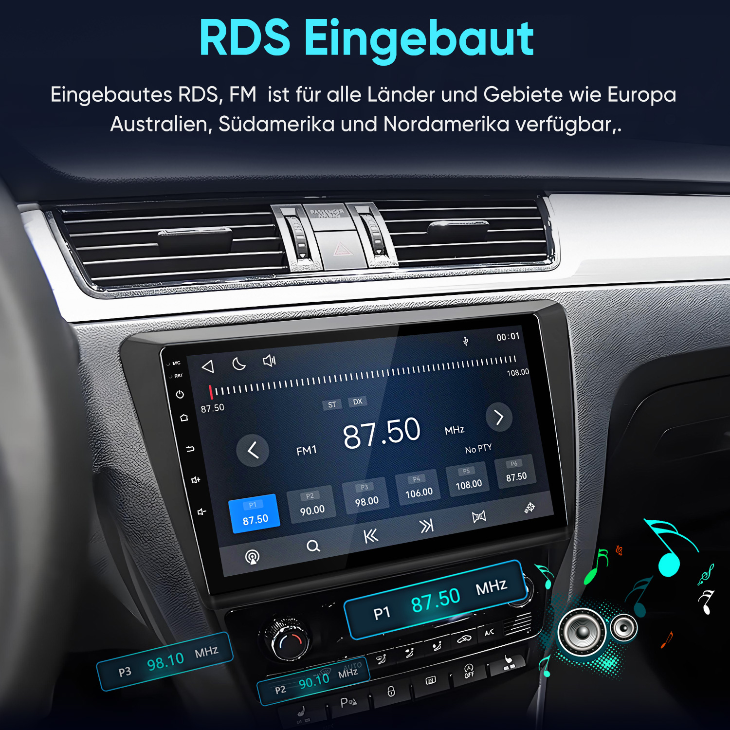 Autoradio mit RDS-Funktion und eingebautem Bildschirm in einem Autocockpit.