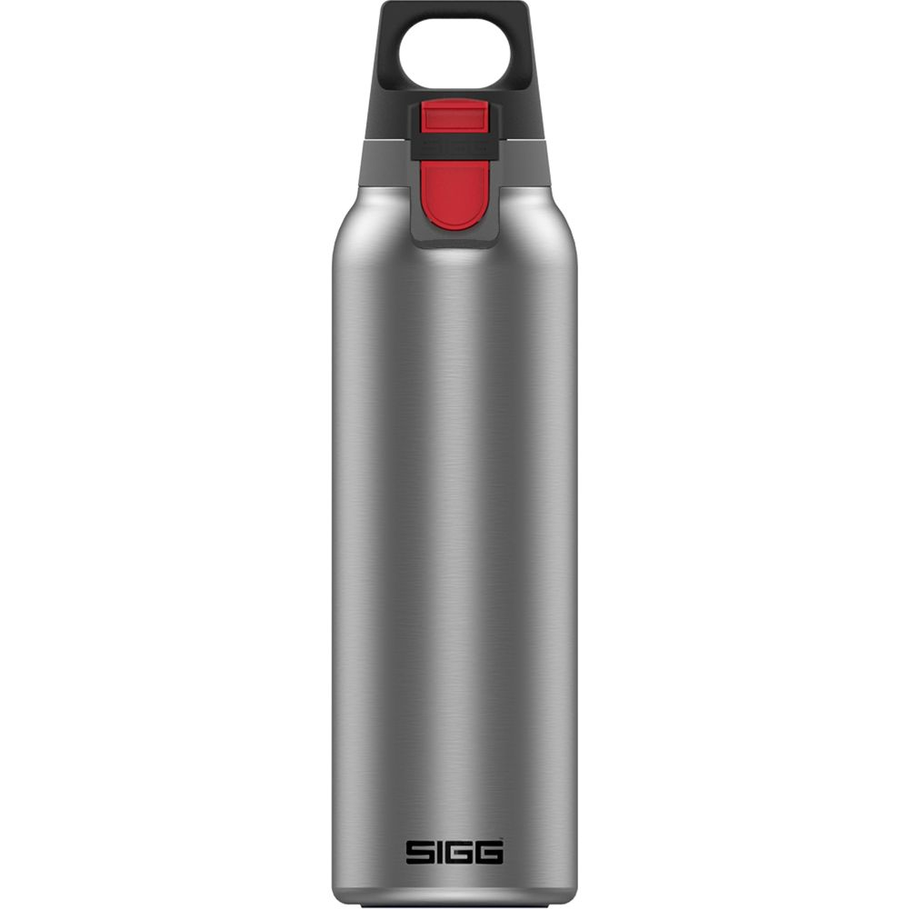 Eine silberne Edelstahltrinkflasche mit schwarz-rotem Verschluss und dem SIGG-Logo unten.