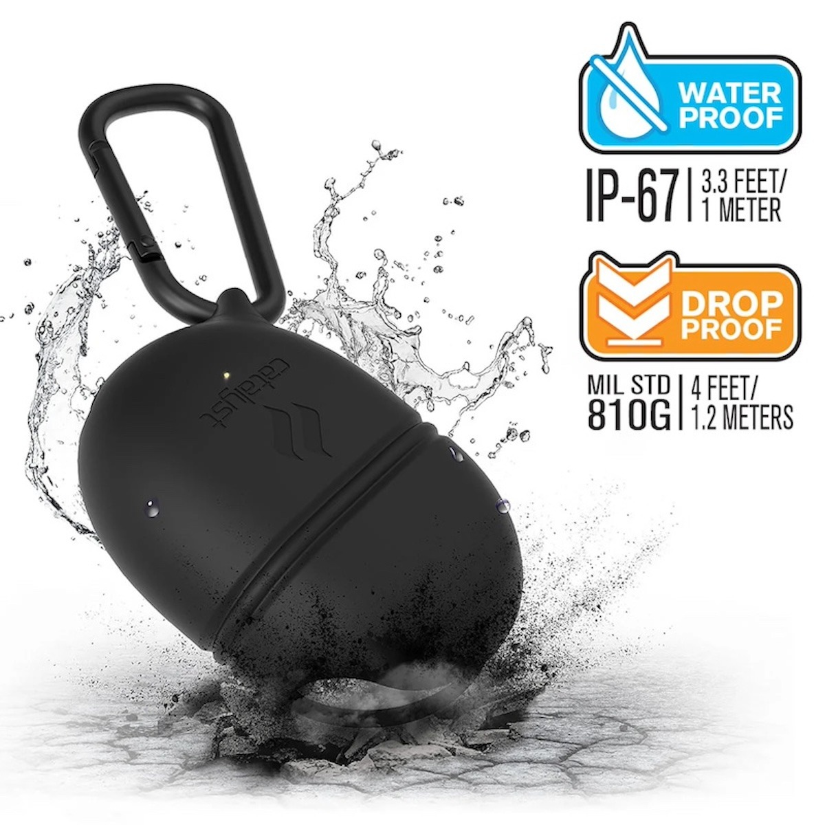 Eine schwarze Schutzhülle mit Karabiner inmitten von Wasserspritzern, mit Wasser- und Sturzfestigkeitssymbolen.