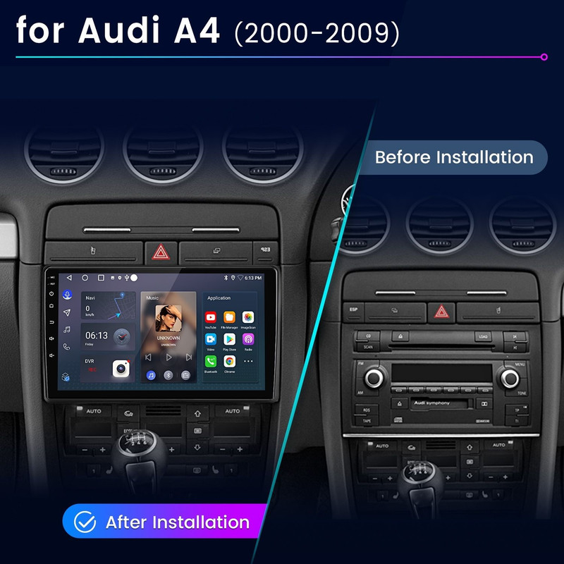 Vergleich des Armaturenbretts eines Audi A4 von 2000-2009 vor und nach dem Einbau eines modernen Multimediasystems.