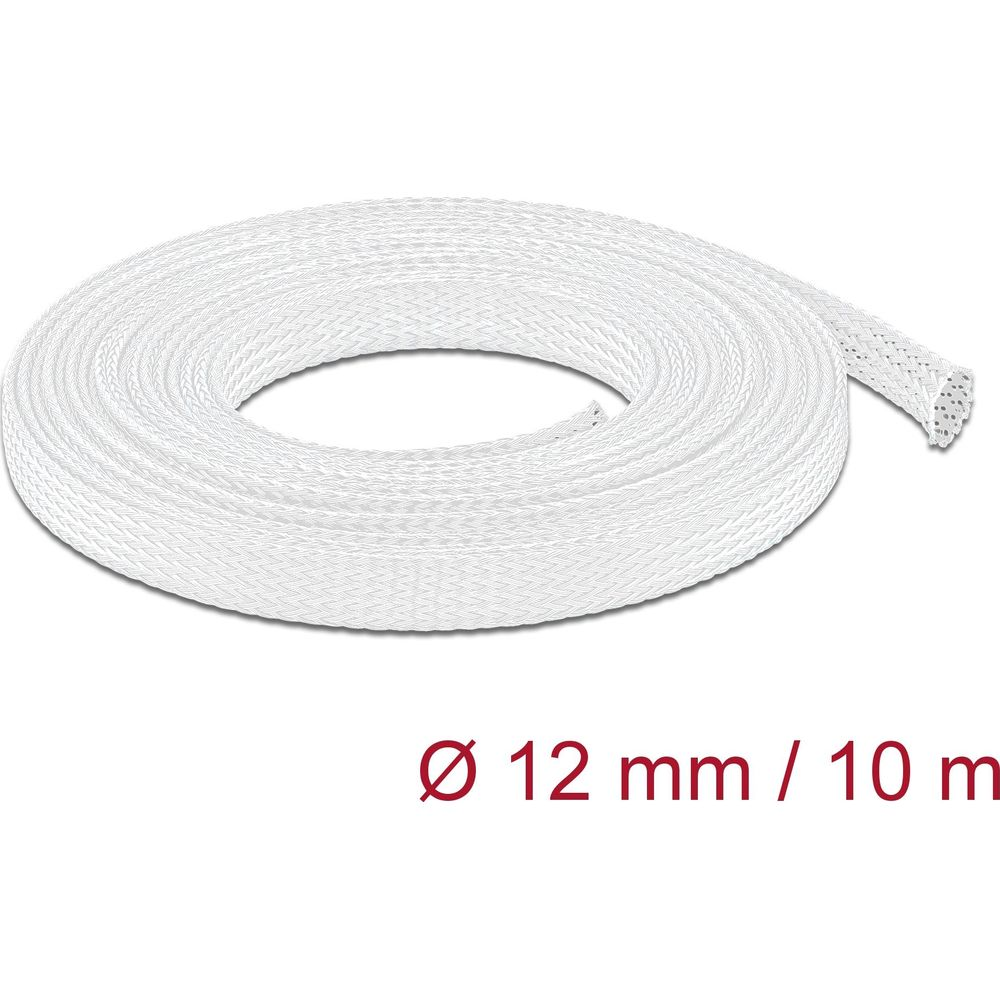 Eine weiße geflochtene Kabelhülse auf weißem Hintergrund, 12 mm Durchmesser, 10 m Länge.