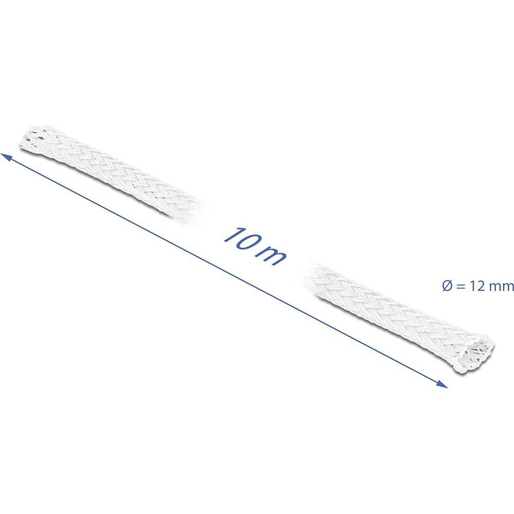 Ein weißes, gewebtes Kabelschutzrohr, 10 Meter lang und 12 Millimeter im Durchmesser.