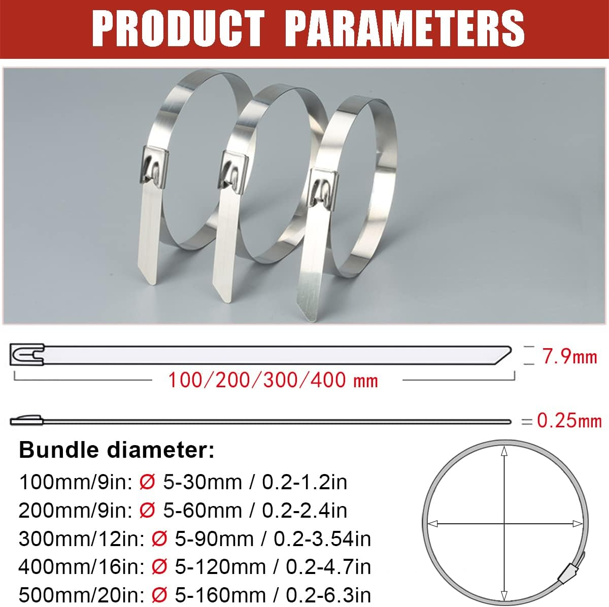 Drei Edelstahl-Kabelbinder mit Produktparametern und Diagrammen unten.