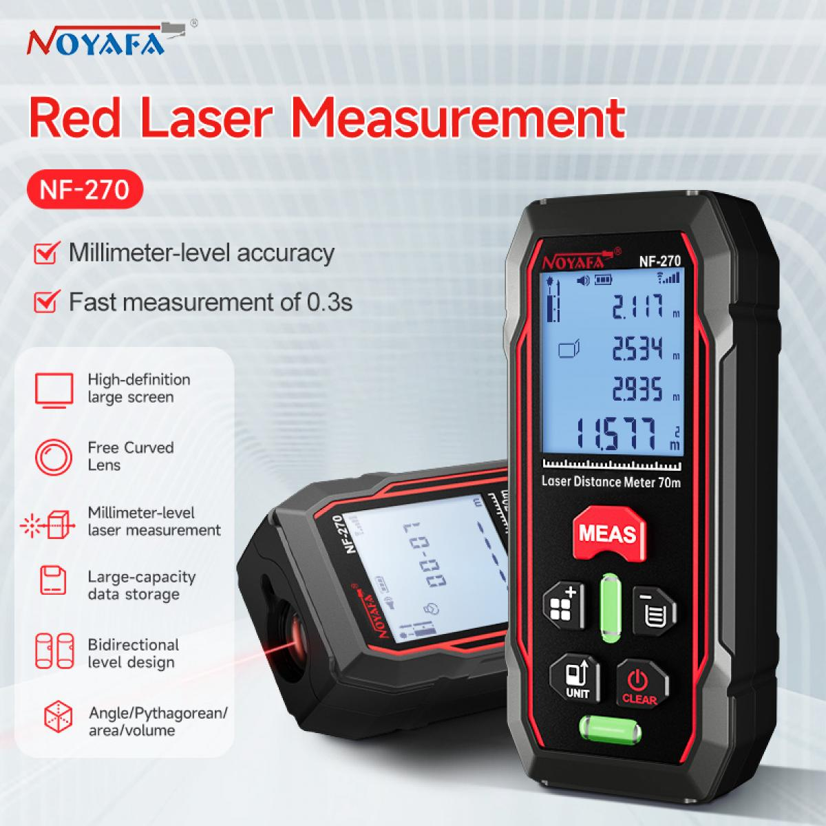 Noyafa NF-270 roter Laser-Entfernungsmesser mit Digitalanzeige und Funktionsliste vor grauem Hintergrund.