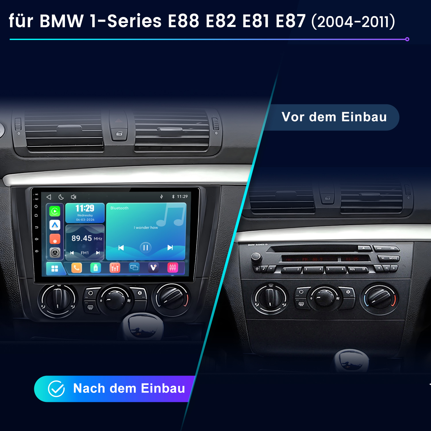 Vorher-Nachher-Vergleich eines BMW-Armaturenbretts mit neuem digitalen Touchscreen.