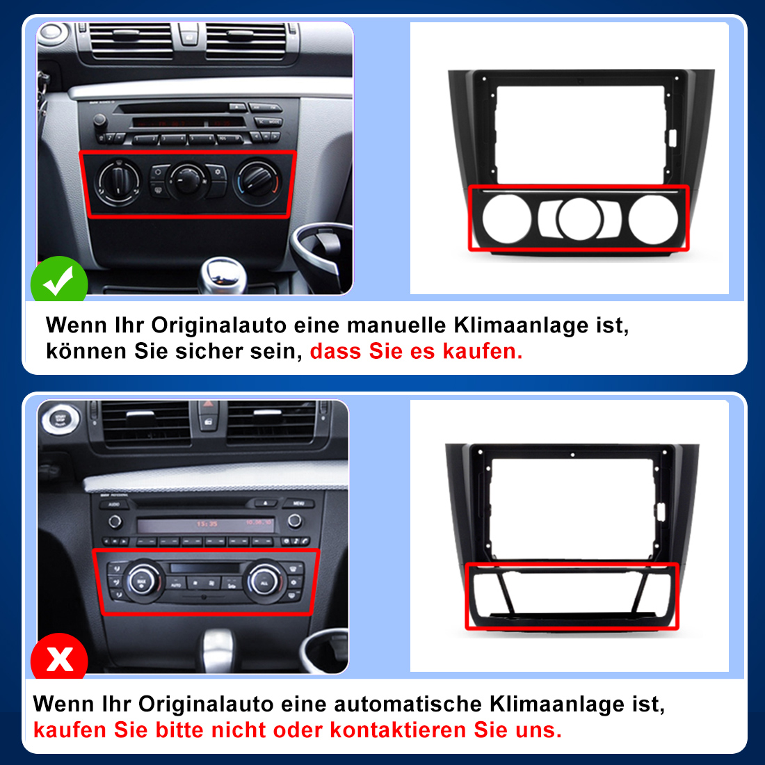 Vergleich manueller Klimaanlage mit passendem Radio-Einbaurahmen, mit grünem Häkchen markiert.