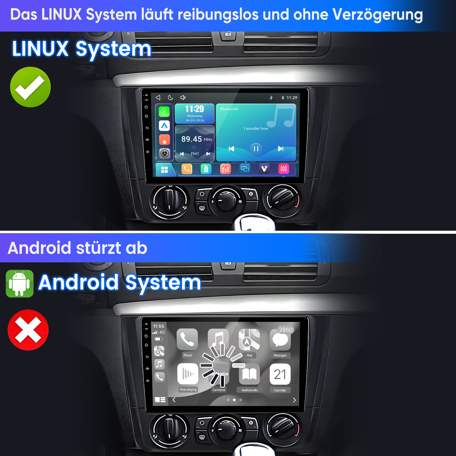 Vergleich zweier Autodisplays: Linux läuft flüssig mit grünem Häkchen, Android stürzt ab mit rotem Kreuz.