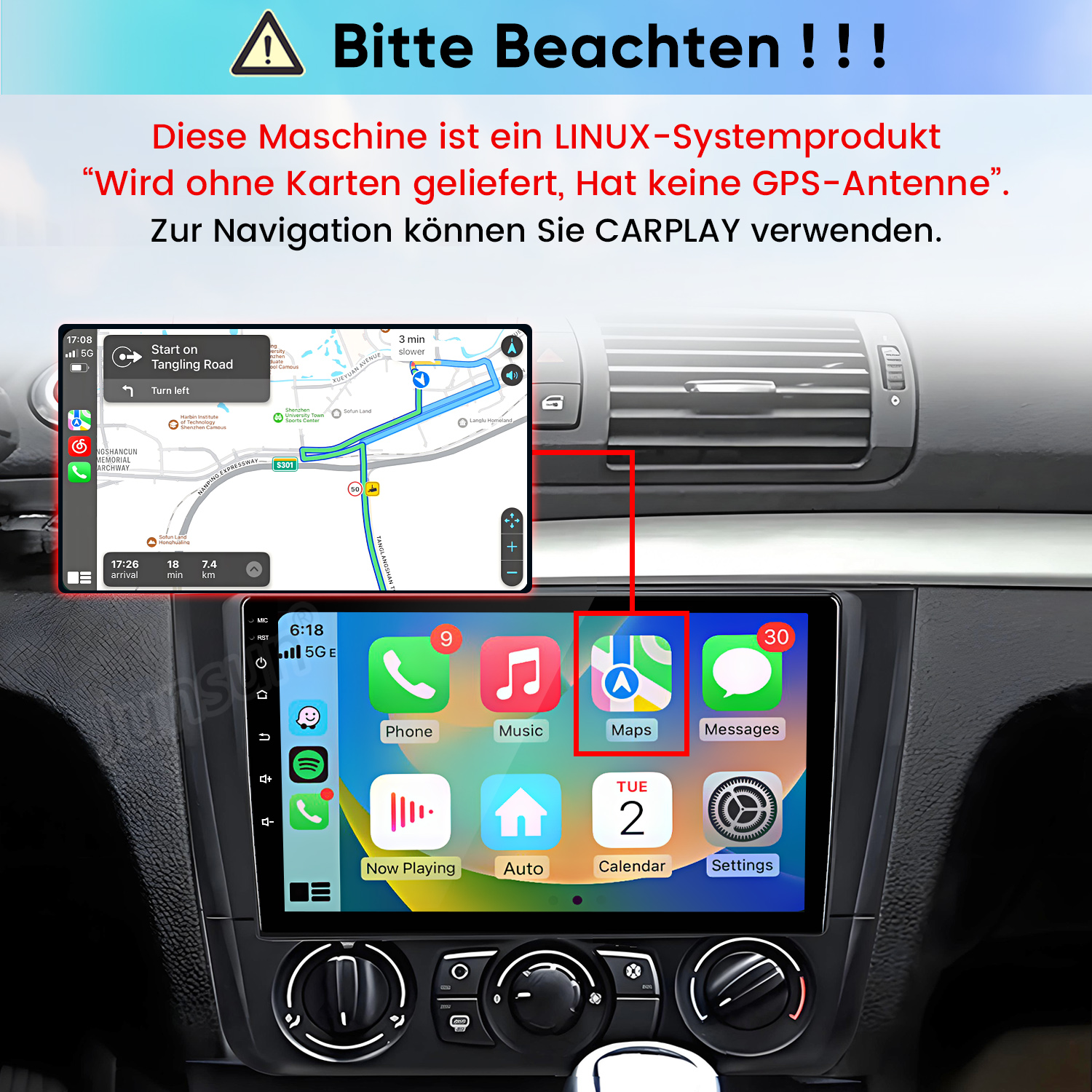 Linux-Autoradio mit CarPlay-Navigation und App-Icons, ohne GPS-Antenne.