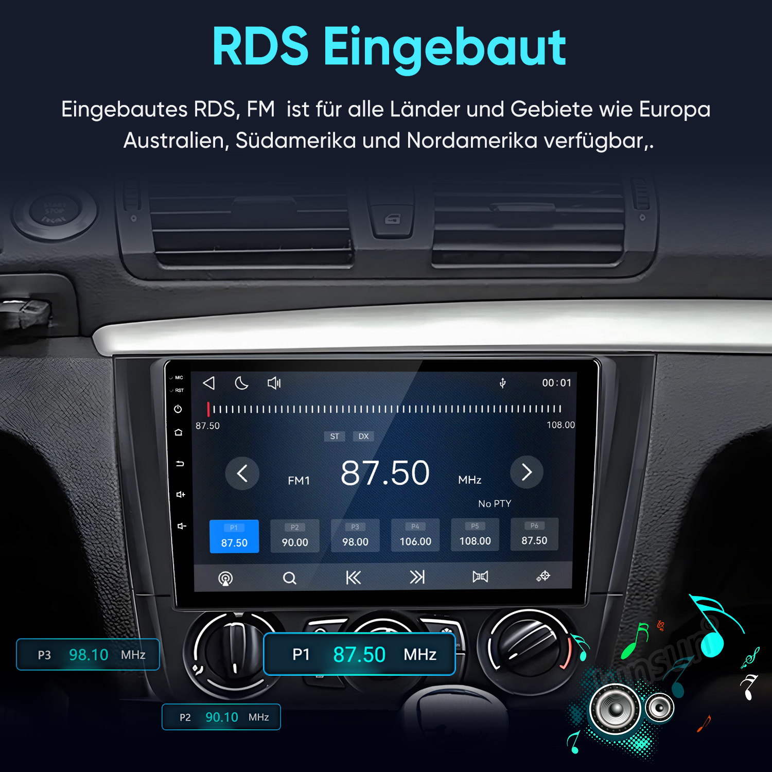 Ein Auto-Armaturenbrett mit einem Touchscreen-Radio-Display, das einen UKW-Radiosender bei 87,50 MHz anzeigt.