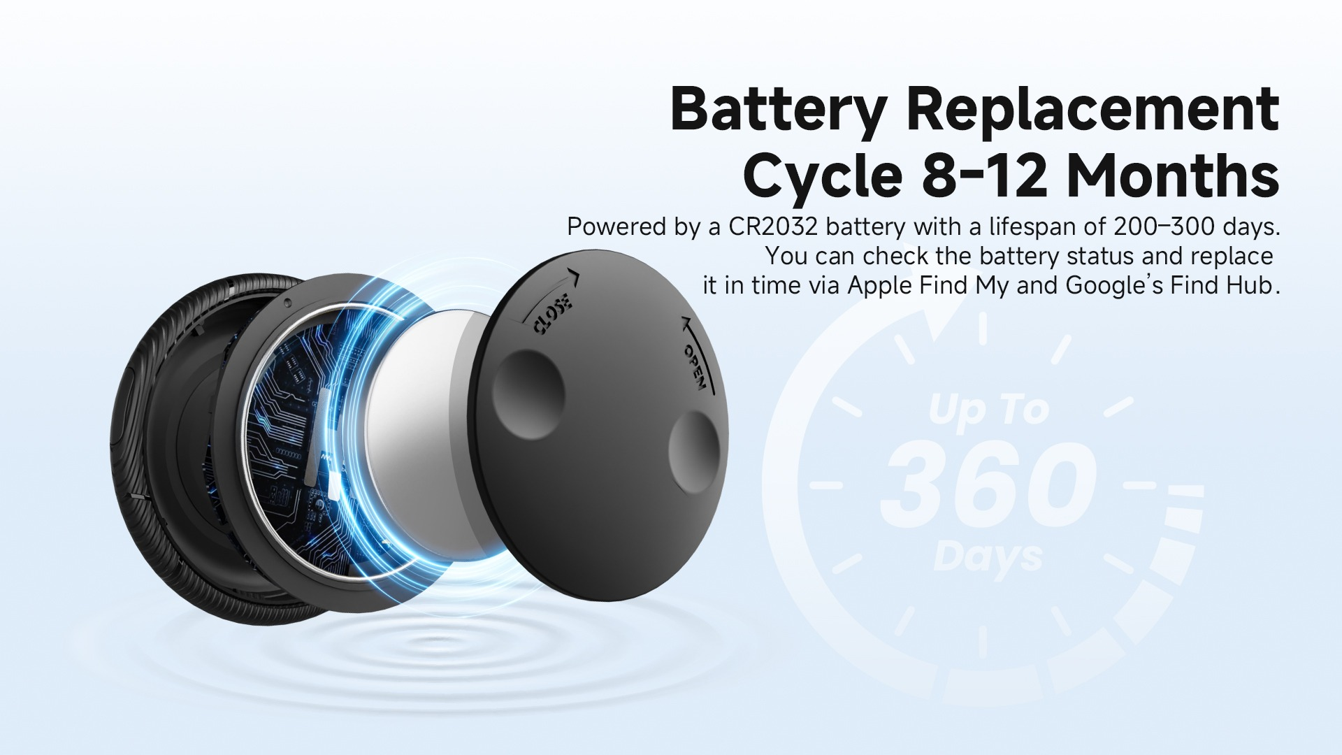 Batteriewechsel alle 8-12 Monate mit CR2032 Batterie. Kompatibel mit Apple Find My und Google Find Hub.